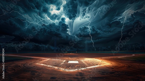Baseball field with a dramatic stormy sky overhead, featuring dark clouds and multiple lightning strikes