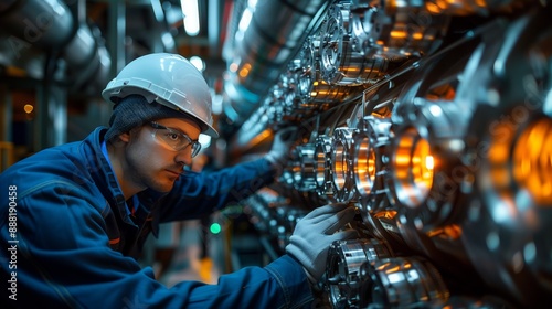 Engineer carefully assembles an ion thruster for a satellite, working diligently in an industrial setting.