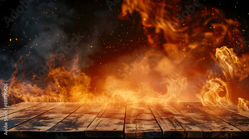 Blank wooden table with fire burning at the edge of the table, fire sparks and smoke with flames on a dark background to display products