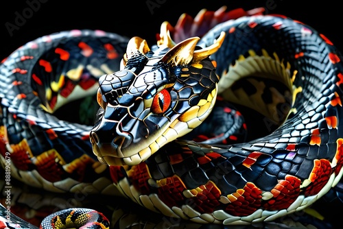 a photo-realistic image of a snake with dragon horns photo