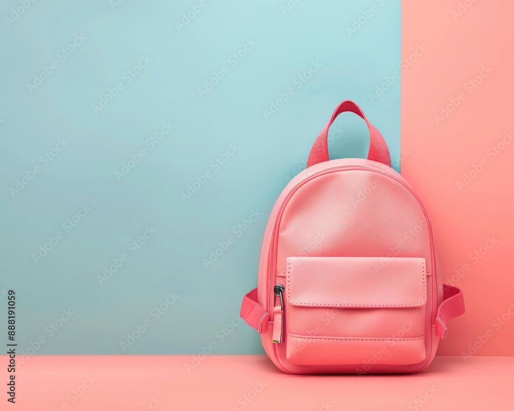 Pink backpack with minimalist design on vibrant two-tone background. Perfect for school, travel, or casual use. Pink backpack with minimalist design on vibrant two-tone background. Perfect for school, travel, or casual use.