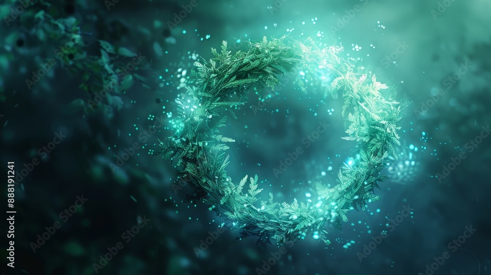 Obraz premium Magical forest circle of green leaves. A circular arrangement of green foliage creates a mesmerizing pattern, surrounded by ethereal glowing particles in a dreamy forest scene.