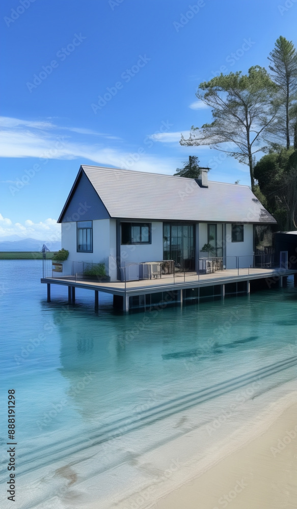 Fototapeta premium a house on the water with a dock in front of it, lake house, true realistic image, built around ocean, underwater home, next to the reflecting ocean, realistic water