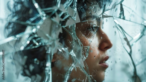 Wallpaper Mural Woman behind broken glass. A young woman looks through a shattered pane of glass with a serious expression. Torontodigital.ca