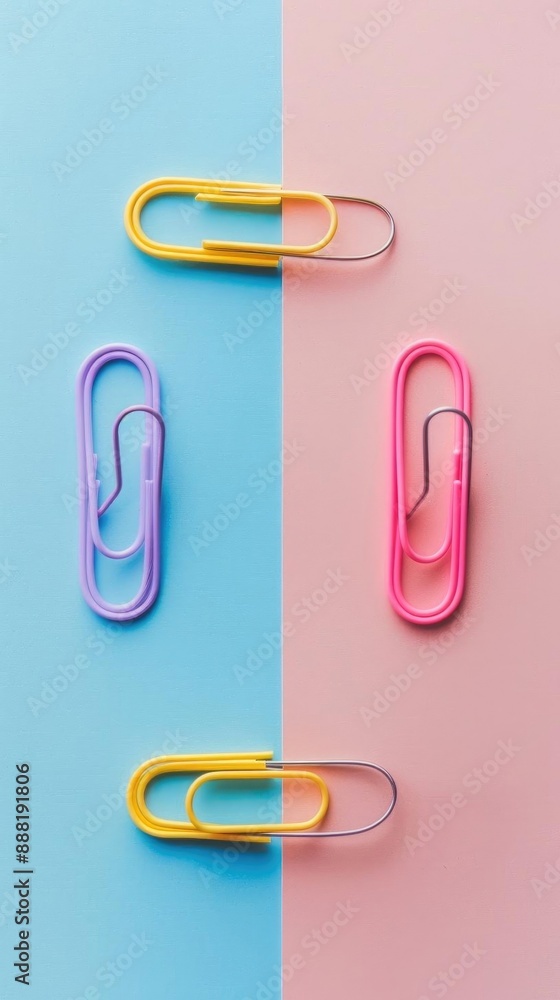 Colorful paperclips on a pastel blue and pink background. Four paperclips arranged in a fun, creative pattern. Perfect for office or school themes. Colorful paperclips on a pastel blue and pink background. Four paperclips arranged in a fun, creative pattern. Perfect for office or school themes.