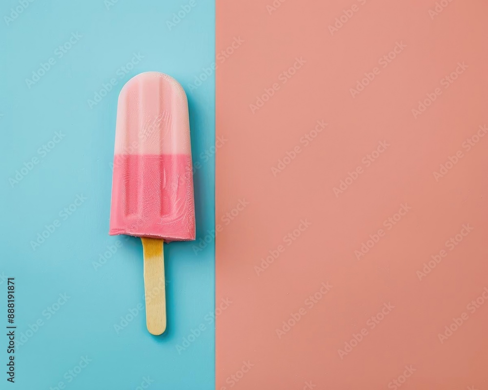 Pink ice cream popsicle on a vibrant pink and blue background, ideal for summer themes and colorful designs, standing out with contrasting colors. Pink ice cream popsicle on a vibrant pink and blue background, ideal for summer themes and colorful designs, standing out with contrasting colors.