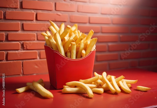 Frybox with fries with red brick and table photo