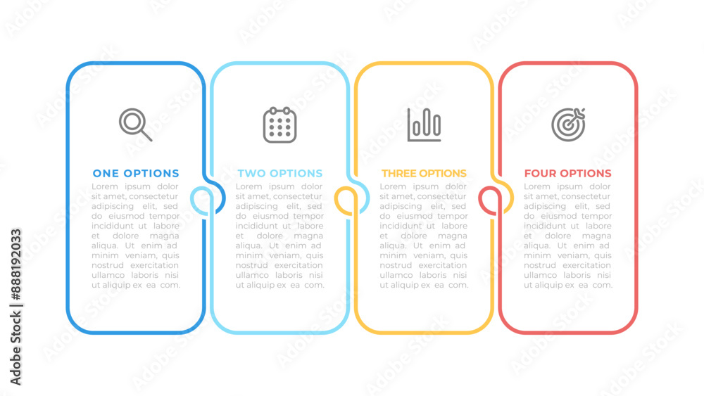 Obraz premium Square infographic thin line element design with marketing icons. Timeline process with 4 steps and options. Vector illustration. Ideal for business presentations, workflow diagrams.
