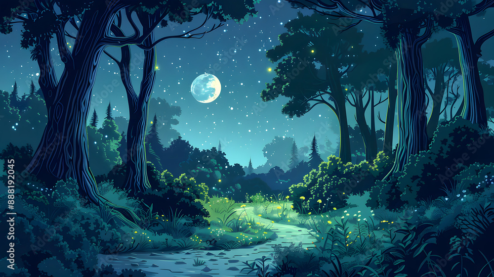Obraz premium vector background illustration that depicts a nocturnal adventure in the wilderness. dark greens and forest illuminated by moonlight. towering trees, mysterious wildlife, and a winding path