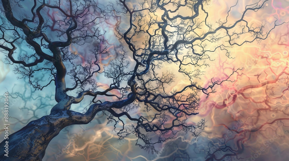 Fototapeta premium Tree branches against dreamy sky. Abstract image of tree branches reaching up towards a colorful, dreamy sky.