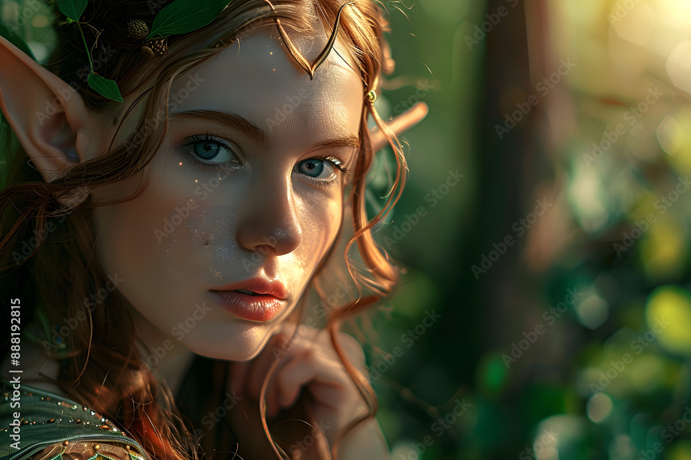 Beautiful elf woman with long elven ears in forest Beautiful elf woman with long elven ears in forest