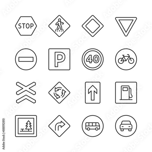 Road Signs, Icon Set. Various Signs for Drivers and Pedestrians. Stop Sign, Pedestrian Crossing, Main Road, Yield Sign, No Entry, Parking, Speed Limit, Bus Stop, Car, etc. Line with editable stroke