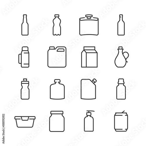 Containers and Bottles for Liquid Products, Icon Set. Glass Bottle, Plastic, Metal Flask, Thermos, Jerry Can, Paper Carton, Decanter, Sports Bottle, Doypack,Can, etc. Line with editable stroke