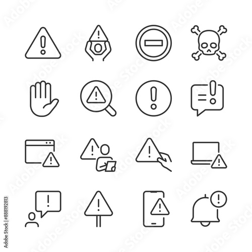 Alert and Risk Sign, icon set. Caution and Warning, Exclamation Marks. Attention-Grabbing Signs, Risks and Alerts. Safety, Hazard Communication and Preventive Measures. Line with editable stroke