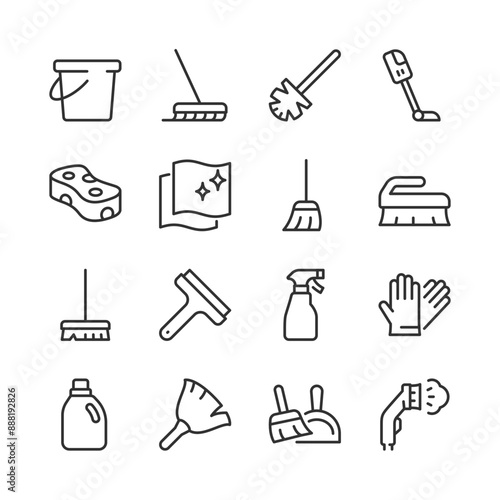 Cleaning Tools, Equipment, Icon Set. Various Tools for Cleaning and Housekeeping. Mop, Toilet Brush, Vacuum Cleaner, Sponge, Household Chemicals, Duster, Steam Cleaner, etc. Line with editable stroke