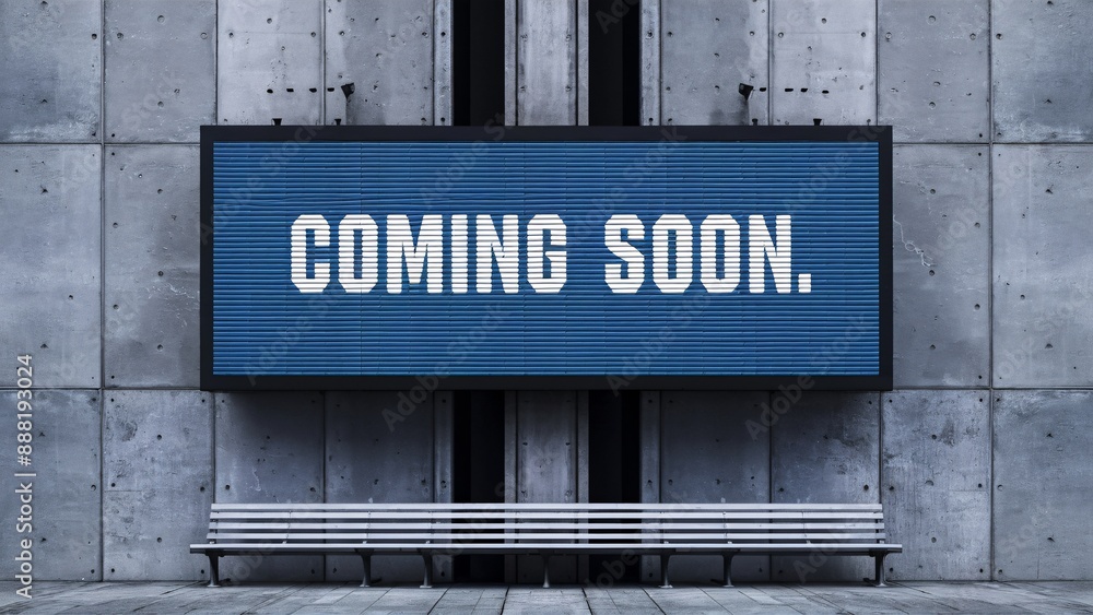 Fototapeta premium A blue billboard on a concrete wall with white text that reads 