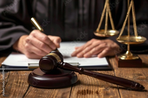 close-up photo of a judge's hands writing on a document with a gavel and scale on the desk.