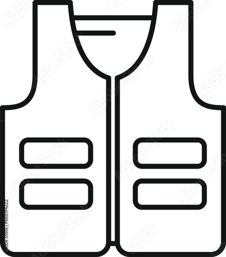 Simple black and white icon of a life vest, providing safety and buoyancy for water activities