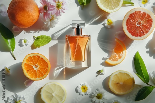 Fototapeta Naklejka Na Ścianę i Meble -  Perfume bottle among fruits and flowers, bright daylight, top angle, minimalistic composition.