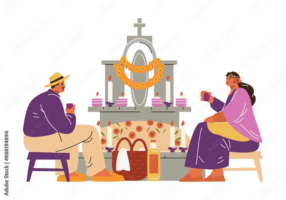 Fototapeta premium Dia de los Muertos vector art. Scenes of visiting graves.