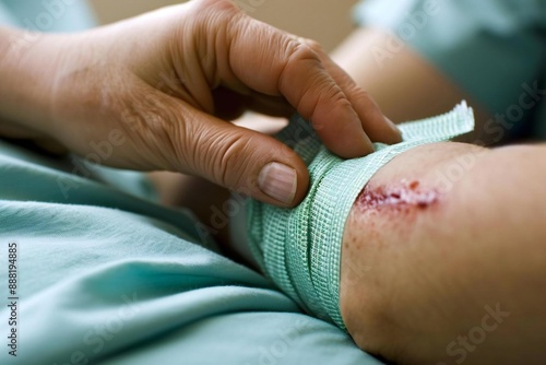 close-up shot of a nurse's hand wrapping a bandage around an injured patient's arm.