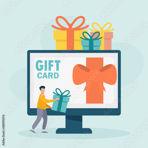 Online gift card, certificate, voucher or coupon on computer screen. Character and sale, loyalty program, bonuses, marketing. Vector illustration	