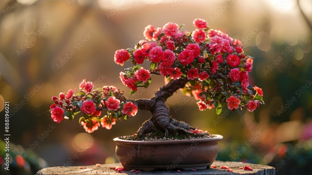 Elegant rose bonsai tree with red blossoms Elegant rose bonsai tree with red blossoms