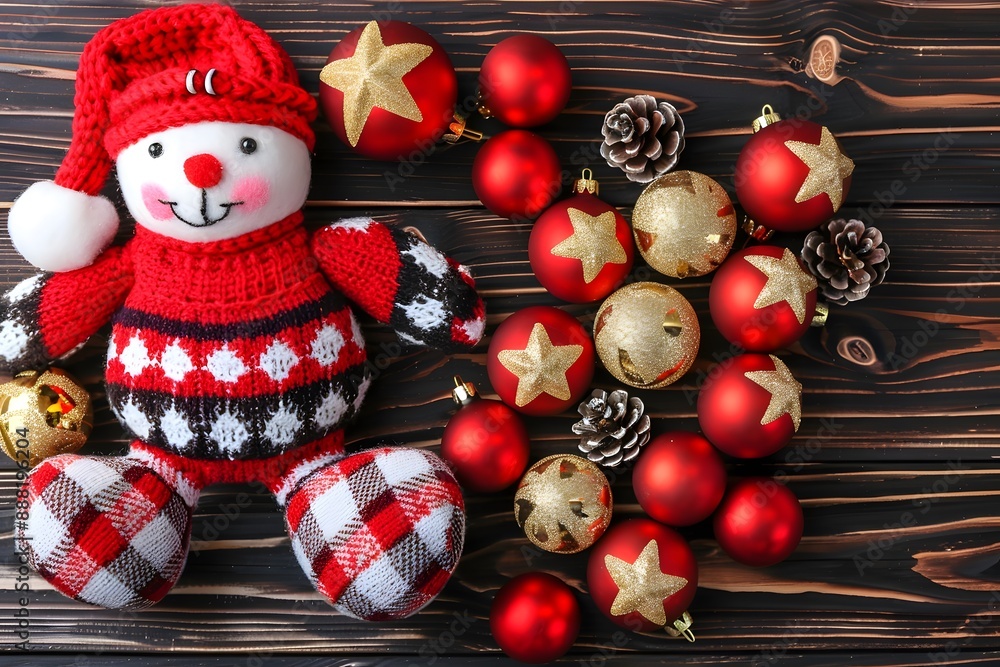 Snowman, gift and candle as part of Christmas decoration made of fir branches, holly and pinecones on wooden desk