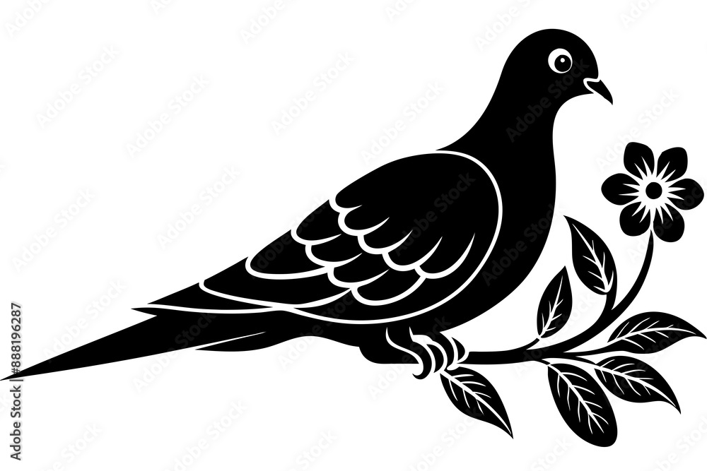 Fototapeta premium Dove leaning on a branch in tree with a flower in its beak vector art illustration