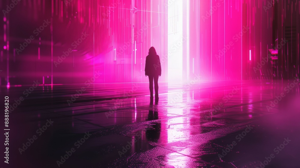 Neon cityscape with person standing. Silhouetted figure stands in neon-lit cityscape with bright pink glow. Neon cityscape with person standing. Silhouetted figure stands in neon-lit cityscape with bright pink glow.