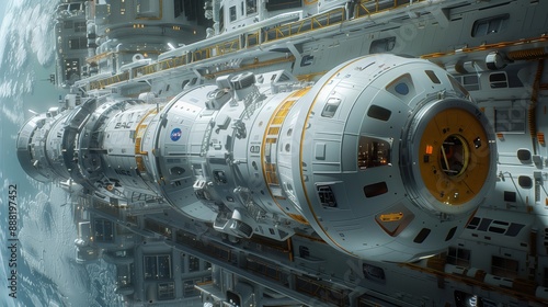 Fototapeta Naklejka Na Ścianę i Meble -  Commercial space station under construction in low Earth orbit with multiple modules, large docking bay, advanced technology, and futuristic design.