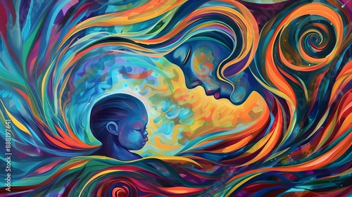 Fototapeta Naklejka Na Ścianę i Meble -  Abstract mother & child portrait. Colorful swirl design with a mother and child in abstract form.