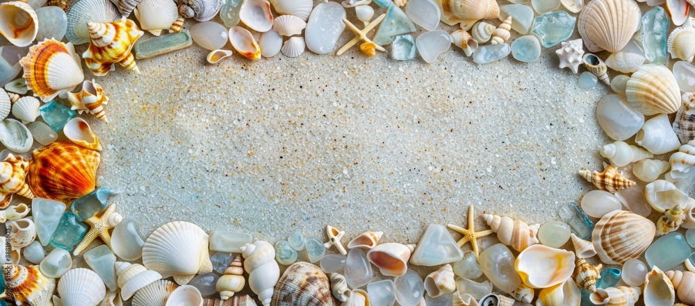 Fototapeta premium A variety of seashells, starfish, and sea glass form a natural frame on a sandy beach, offering ample space for text or design elements.