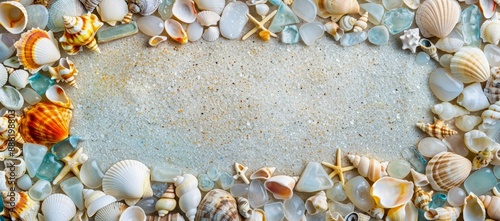 A variety of seashells, starfish, and sea glass form a natural frame on a sandy beach, offering ample space for text or design elements. © Ratthamond