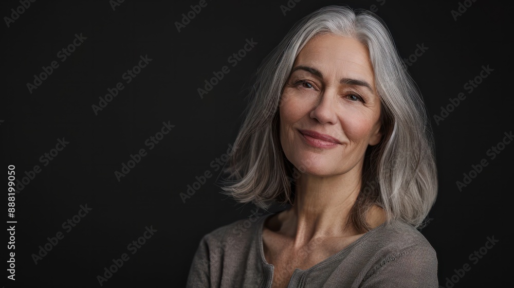 Fototapeta premium Elegant middle-aged woman with shoulder-length silver hair, smiling and standing confidently in front of the camera against a black background. senior woman