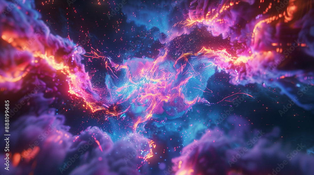 Dynamic explosion of energy with neon particles and swirling plasma waves. Concept Neon Particles, Swirling Plasma Waves, Dynamic Explosions, Energy, Vibrant Colors Dynamic explosion of energy with neon particles and swirling plasma waves. Concept Neon Particles, Swirling Plasma Waves, Dynamic Explosions, Energy, Vibrant Colors