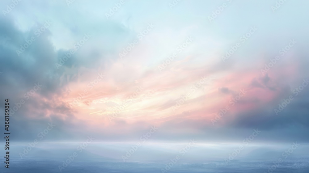 Fototapeta premium Early morning sky with the soft pastel colors of dawn, gentle light breaking through the clouds, creating a calm and serene atmosphere