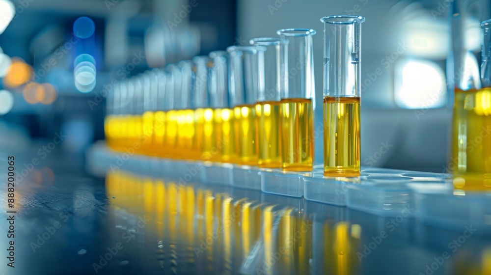 A row of test tubes filled with yellow liquid A row of test tubes filled with yellow liquid