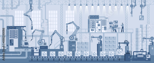 Industrial zone. Assembly line with robotic arms flat illustration. Automated production process, high tech machinery. Factory manufacturing industrial line 