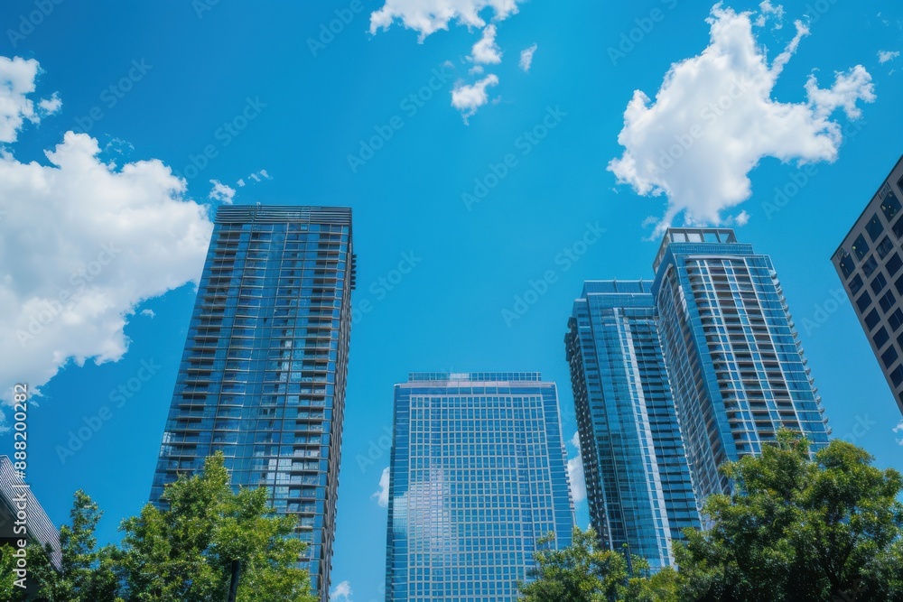 Skyline featuring four towering city buildings under a clear blue sky Skyline featuring four towering city buildings under a clear blue sky