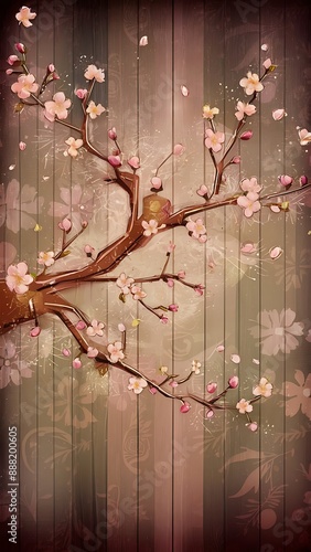 Abstract spring background minimal composition apple tree branch on a wooden background in retro style spring concept backdrop romantic floral background