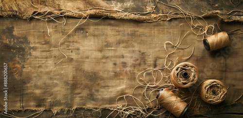 On a rustic wooden surface, weathered burlap fabric with frayed edges and loose threads is draped alongside spools of twine, creating a backdrop for creative endeavors.