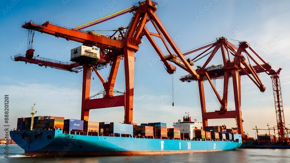 A container ship loaded with cargo boxes at a dock, equipped with a quay crane, highlights global trade and freight shipping in commercial logistics A container ship loaded with cargo boxes at a dock, equipped with a quay crane, highlights global trade and freight shipping in commercial logistics