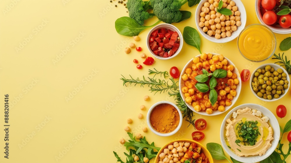 Chickpea vegan meals on yellow table overhead view with room for text Chickpea vegan meals on yellow table overhead view with room for text