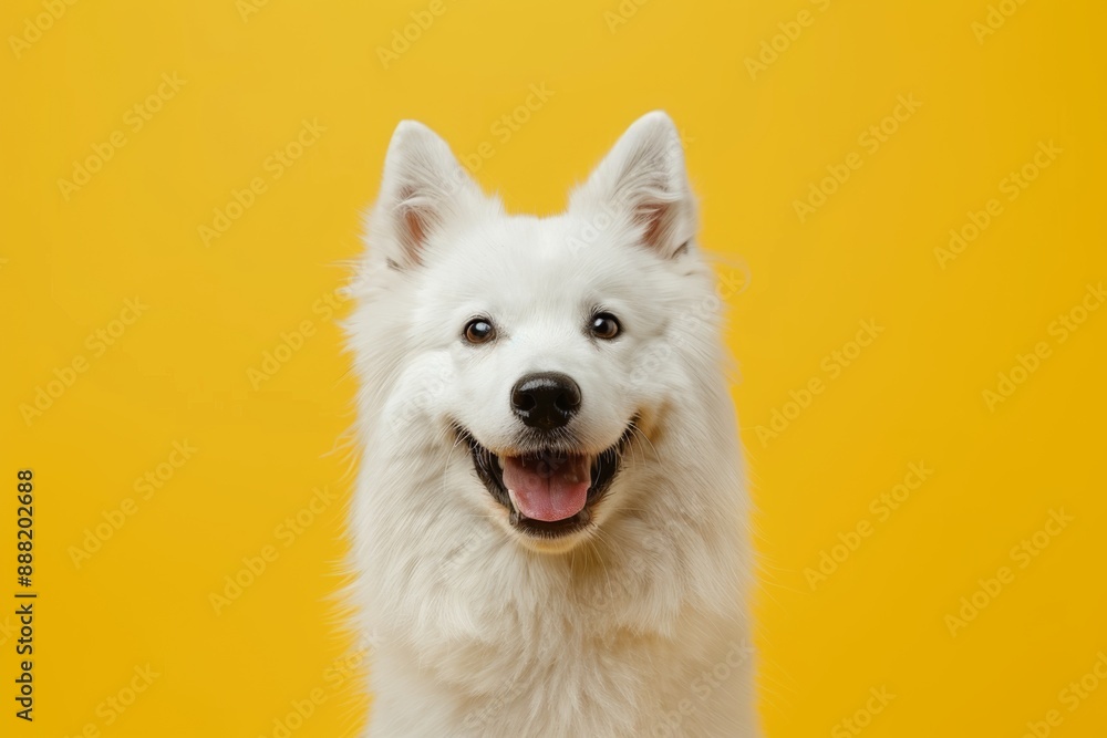Dog with a white coat, with a joyful expression, centered in the frame Dog with a white coat, with a joyful expression, centered in the frame