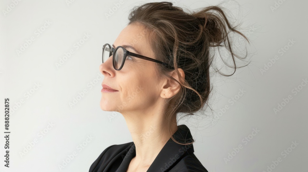 Middle age beautiful business woman wearing glasses standing over isolated white background looking to side, relax profile pose with natural face and confident smile. Middle age beautiful business woman wearing glasses standing over isolated white background looking to side, relax profile pose with natural face and confident smile.