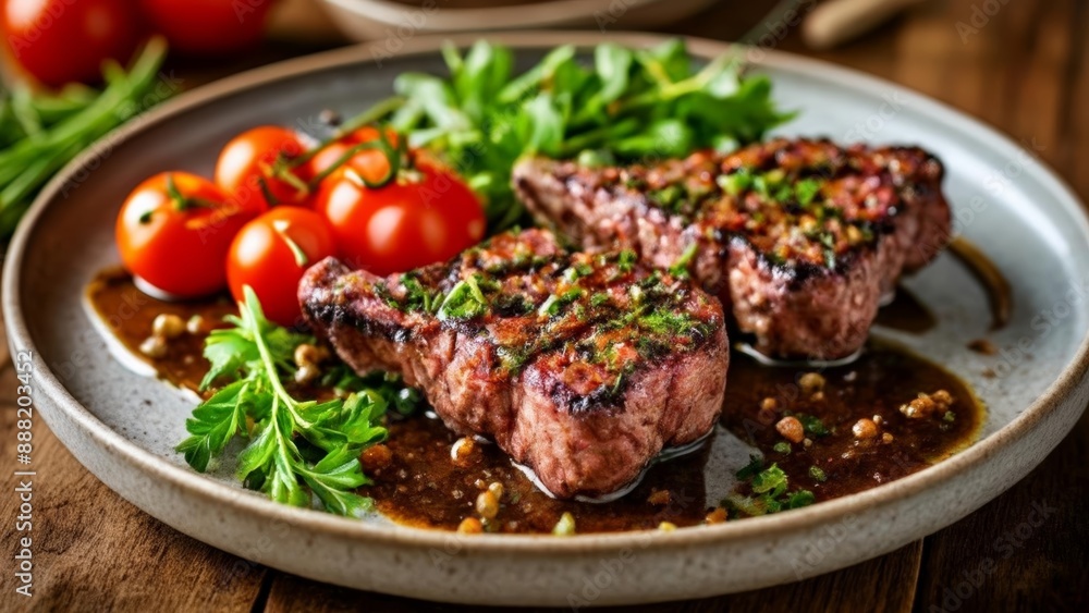 Deliciously grilled steak with fresh tomatoes and herbs Deliciously grilled steak with fresh tomatoes and herbs