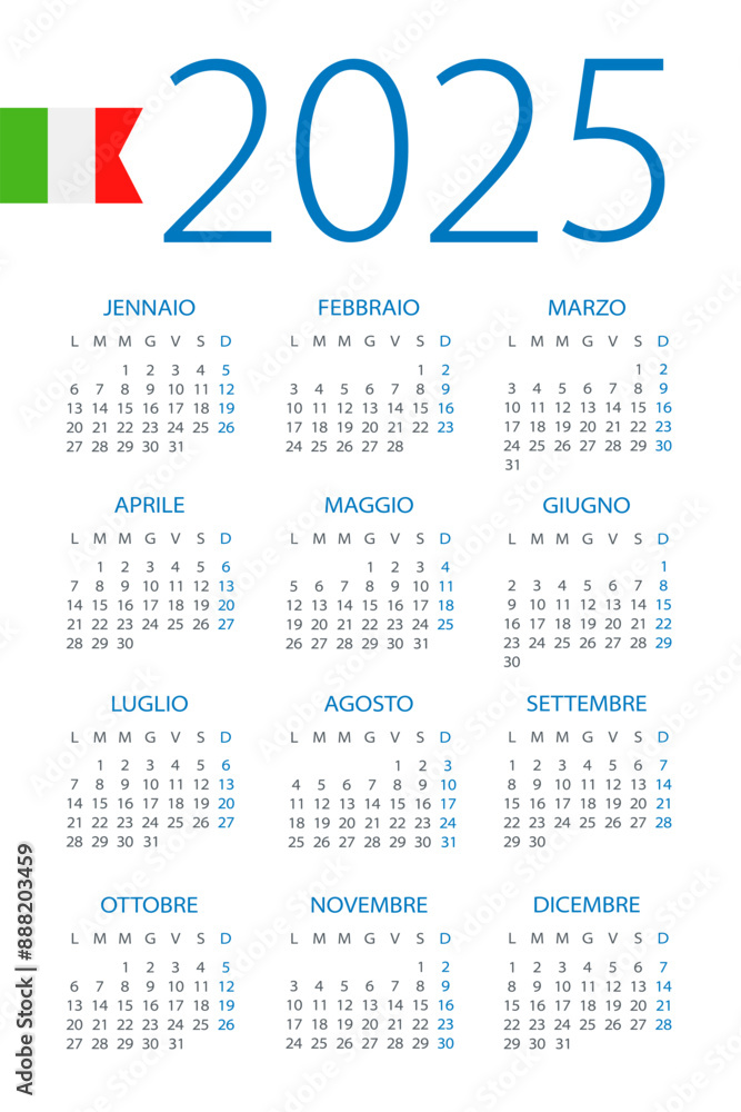 Calendar 2025 - illustration. Italian version. Week starts on Monday Calendar 2025 - illustration. Italian version. Week starts on Monday
