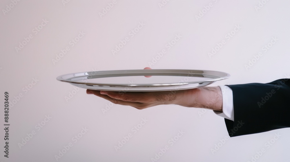 Hand holding an empty, round silver tray, isolated view Hand holding an empty, round silver tray, isolated view