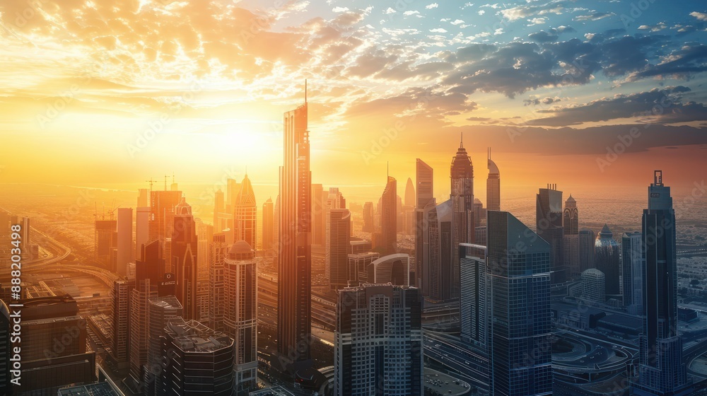Panorama of modern city with skyscrapers at sunset, illustration Panorama of modern city with skyscrapers at sunset, illustration